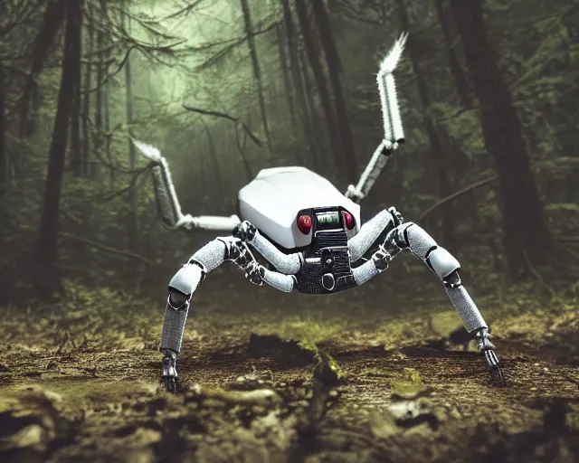 Image similar to photo of a giant huge white terminator spider with heavy duty biomechanical hydraulic cybernetic body with antennas and visor cogs and gears and components in the forest. cyberpunk horror style. highly detailed 8 k. intricate. nikon d 8 5 0 5 5 mm. award winning photography.