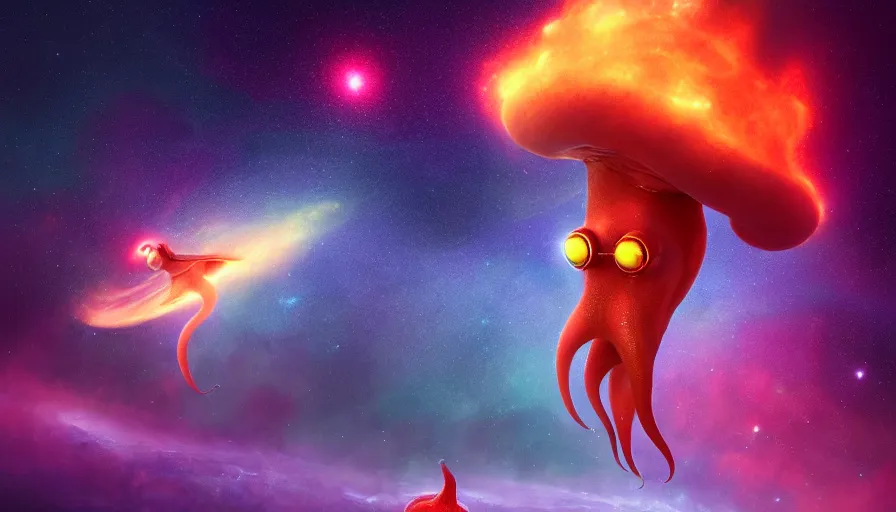 Prompt: anthropomorphic squid floating in a nebula in space, distant vibrant magical lights, volumetric lighting, puffy clouds, digital art, concept art, hyperdetailed, wallpaper, trending on artstation, film by denis villeneuve, style of denis villeneuve