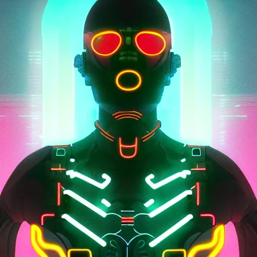 Prompt: Beeple art of a beautiful black male cyborg, neon cyberpunk