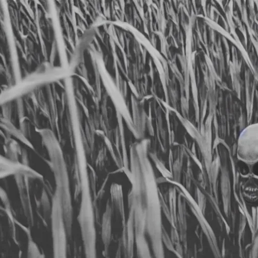 Image similar to found footage grainy photo of an alien creeping through a corn field