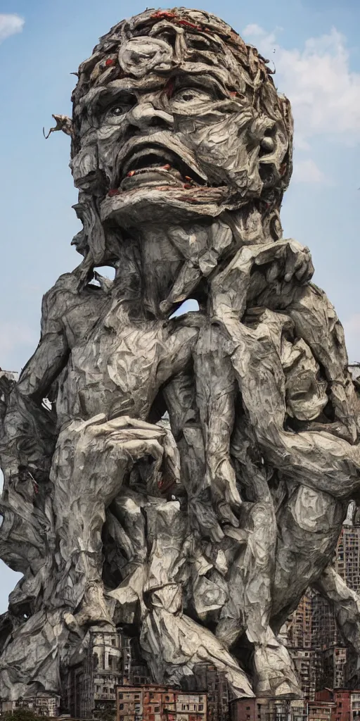 Image similar to colossal grotesque flower proletariat statue made from Lenin heads in the middle of abandoned early soviet constructivist cityscape, Stalinist architecture, ultradetailed by Hayao Miyazaki and Josan Gonzalez and Makoto Shinkai and Giuseppe Arcimboldo and Wes Anderson