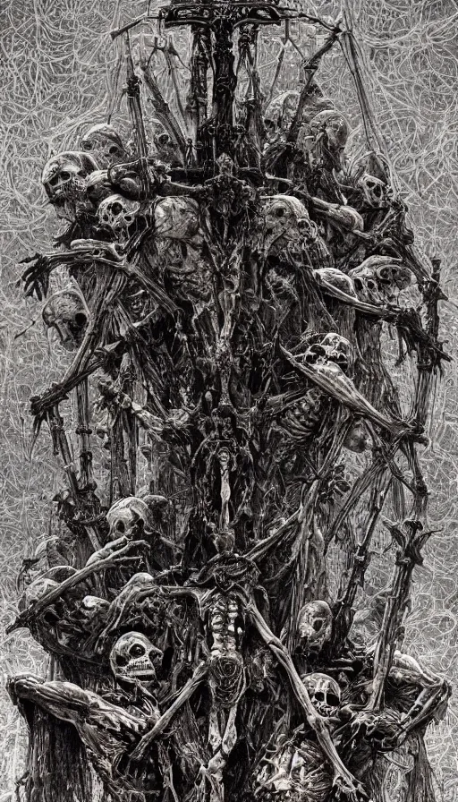 Prompt: Scorn themed painting of skeletal undead crucifixion concept, intricate artwork by H.R. Giger, Johnatan Wayshak, Zdizslaw Beksinski, Ayami Kojima, Amano, Karol Bak, Moebius, and Mark Brooks, Neo-Gothic, gothic, rich deep colors, art by Takato Yamamoto, masterpiece, face by Artgerm, very coherent artwork, cinematic, hyper realism, high detail, octane render, unreal engine, 8k, High contrast, golden ratio, trending on cgsociety