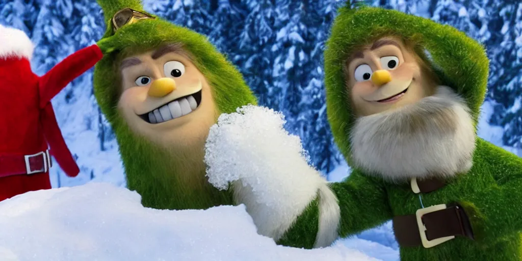 Image similar to ultra wide angle photo of will ferrel dressed as buddy the elf, from the movie elf, looking at himself in a bathroom mirror and seeing his reflection as bumble, the abominable snow monster from the north