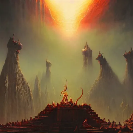 Prompt: A gigantic colossal epic dramatic scene from Ramayan , by Bruce Pennington, by Wayne Barlowe, by Greg Rutkowski, oil on canvas, masterpiece, detailed, dynamic, cinematic composition, beautiful lighting, view from ground, trending on artstation, top on pixiv, 8K, no frames,