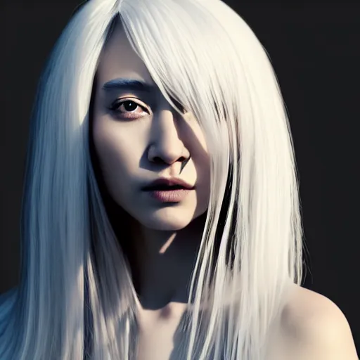 Prompt: a woman with long white hair standing in front of a black background, an ambient occlusion render by hsiao - ron cheng, dreadlocks featured on pixiv, generative art, ambient occlusion, zbrush, seductive hippie