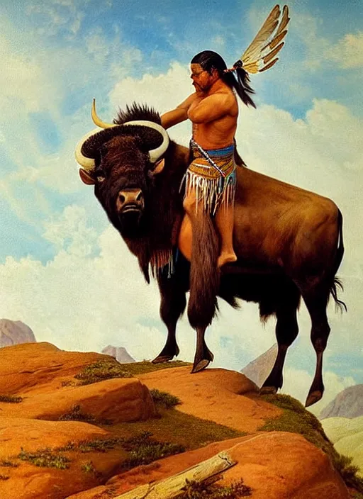 Image similar to beautiful native american riding bison, buffalo, powerful native american warrior, mountain range, beautiful sky, standing on the edge of a cliff, nineteenth century, painted by frazetta