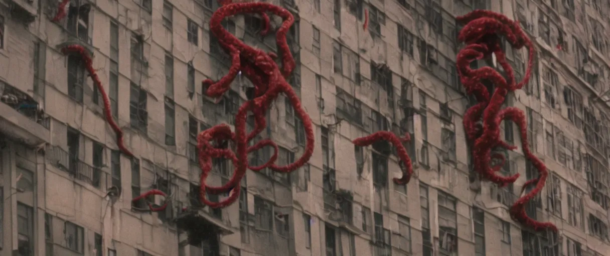 Image similar to filmic extreme close up exterior shot movie still 4 k uhd 3 5 mm film color photograph of a family jumping off a building laughing with tentacle arms happy, only color results, in the style of the horror film the thing 1 9 8 2