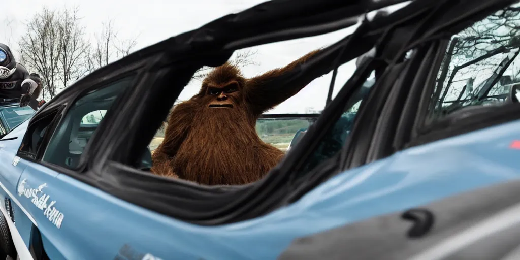 Prompt: sasquatch hanging out the window of a bmw drift car