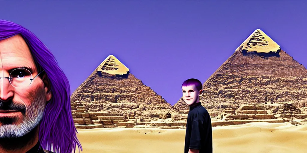 Image similar to landscape, steve jobs and a boy with purple hair in front of the pyramids, hyperrealism, intricate, 8 k, high detail