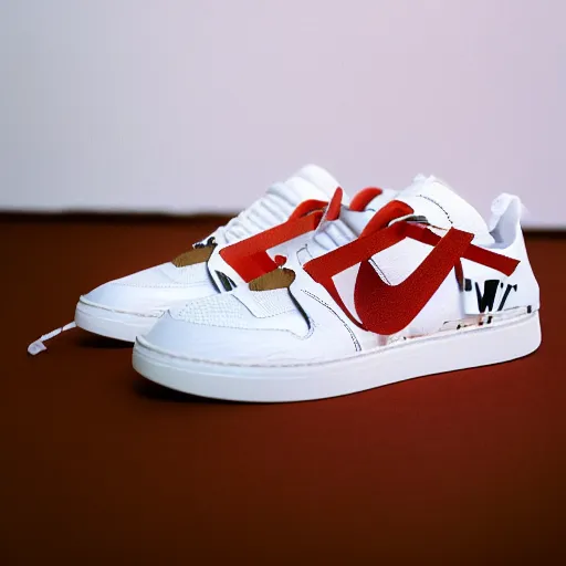 Prompt: a studio photoshoot of A Nike sneaker designed by Virgil Abloh and Louis Vuitton, Off-White, realistic, color film photography by Tlyer Mitchell, 35 mm, graflex