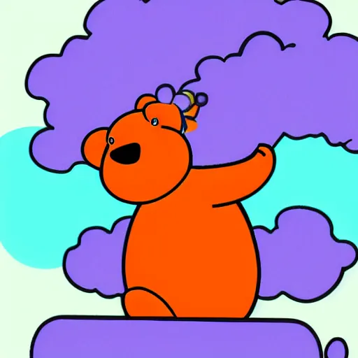 Image similar to cartoon animated bear wearing clothes being launched out of a futuristic machine into a purple and orange cloud land