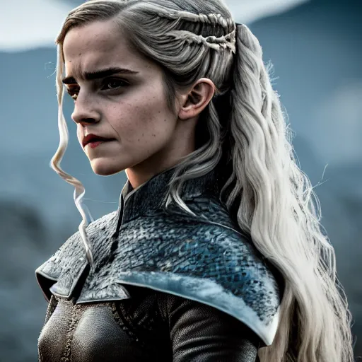 Image similar to Emma Watson as Daenerys Targaryen, XF IQ4, f/1.4, ISO 200, 1/160s, 8K, Sense of Depth, color and contrast corrected, Nvidia AI, Raytracing, Dolby Vision, in-frame