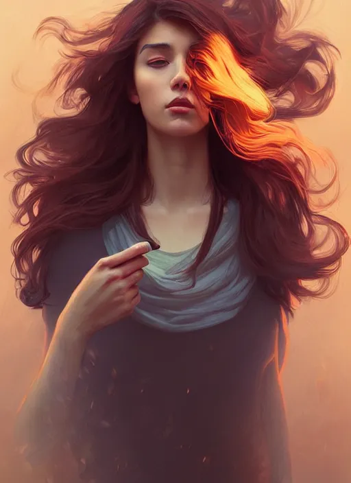 Prompt: handsome young women with shoulder length brown hair, smoke, foggy, half body shot, path traced, highly detailed, high quality, digital painting, alena aenami, lilia alvarado, shinji aramaki, karol bak, alphonse mucha, tom bagshaw