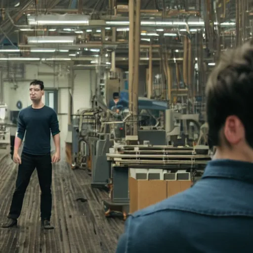 Image similar to a guy in a grey shirt with long sleeves and wearing dark blue jeans, dark black hair and no visible facial hair at all looking in the distance to see a factory plotting something ( highly detailed, and cinematic movie shot, greatly illustrated, photo - realistic, hyperrealistic image, 4 k, uhd, good quality still frame photo )