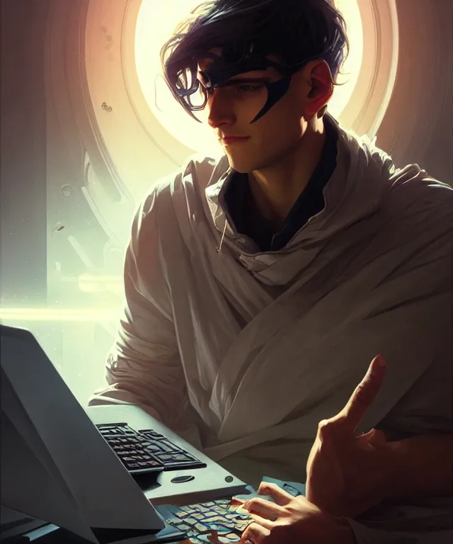 Image similar to Hacker man hacks computer, highly detailed, digital painting, artstation, concept art, smooth, sharp focus, illustration, art by artgerm and greg rutkowski and alphonse mucha