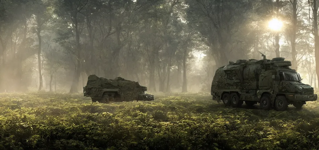 Prompt: military trucks surrounding a complex organic fractal 3 d metallic symbiotic ceramic humanoid megastructure creature in a swampy lush forest, foggy, sun rays, cinematic shot, photo still from movie by denis villeneuve, wayne barlowe