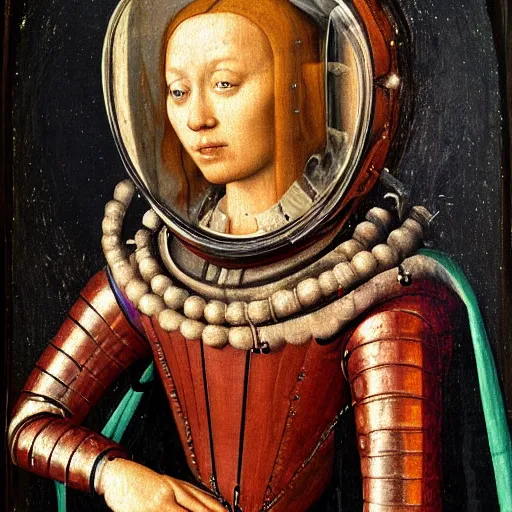 Prompt: 1 4 0 0 s renaissance portrait of an android woman astronaut in formal medieval garden, with oil painting by jan van eyck, northern renaissance art, oil on canvas, wet - on - wet technique, realistic, expressive emotions, intricate textures, illusionistic detail