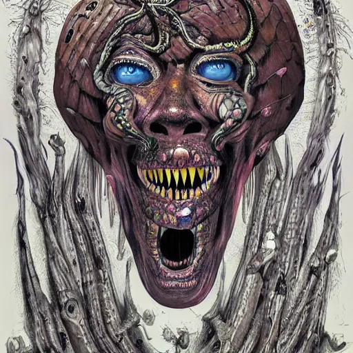 Prompt: hyper - detailed high painting of giant heads joined by snakes, the heads are open they have spiked scales and sharp teeth, the mouth is open and monstrous beings of all kinds run and scream, horror surreal art cosmic horror weird bizarre art