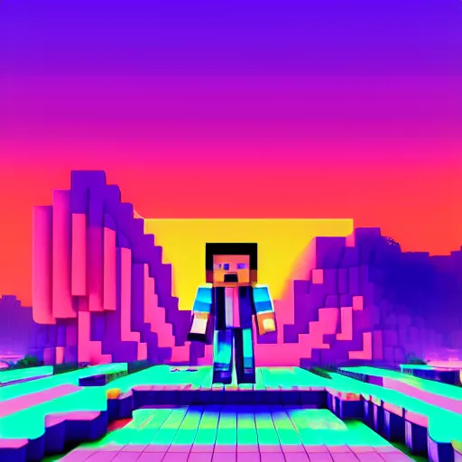 Prompt: minecraft steve in synthwave style