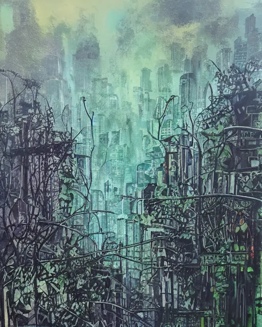 Image similar to abandoned overgrown city, acrylic