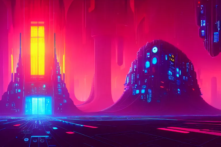Prompt: a cybernetic cathedral overlooking an higway of data, cyberpunk, beautiful detailed, cinematic, strong lighting, hi - fructose art magazine, by paul lehr and anton fadeev and david heskin and josan gonzalez, 8 k