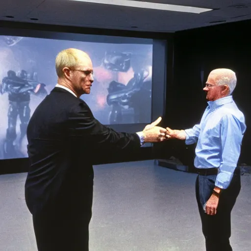 Prompt: press photography of the Terminator T-800 making a deal with the ceo of Darpa,