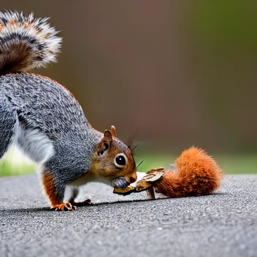 Prompt: nature photography of a squirrel eating a dead bird on the side of the road, horror movie still