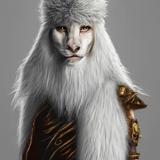 Image similar to portrait of a white panter with a very long fur and wizard hat, fantasy, trending on artstation, heroic pose, illustration, highly detailed, simple, 8k