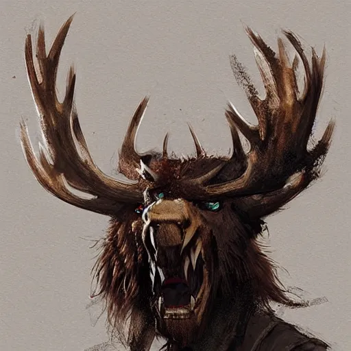 Prompt: hairy barbarian wearing moose head by greg rutkowski