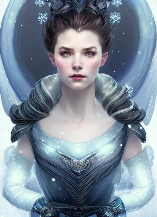 Image similar to a beautiful cinematic female winter goddess, cristal dress, ice wing, galatic shamen with quantum energy fantasy, fantasy magic, undercut hairstyle, dark light night, intricate, elegant, sharp focus, illustration, highly detailed, digital painting, concept art, matte, art by wlop and artgerm and greg rutkowski and alphonse mucha, masterpiece