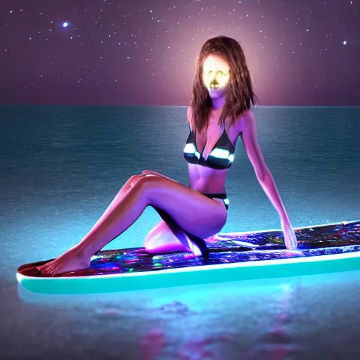 Prompt: bikini girl bioluminescent paddleboarding dark night by highway man painting, stars, galaxies, james webb telescopeimages, photorealistic, high resolution, vray, hdr, hyper detailed, insane details, intricate, elite, ornate, elegant, luxury, dramatic lighting, octane render, weta digital, micro details, 3 d sculpture