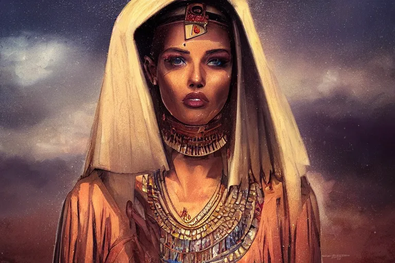 Prompt: a cinematic portrait painting of a beautiful girl wearing egyptian clothing stood on a pyramid overlooking a vast dystopian desert landscape with a river, rainy day, beautiful lighting, depth, accurate details, by marco mazzoni