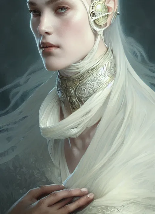 Image similar to portrait of person with face full of white mist, fantasy, medieval wear, intricate, elegant, highly detailed, digital painting, artstation, concept art, smooth, sharp focus, illustration, art by artgerm and greg rutkowski and alphonse mucha