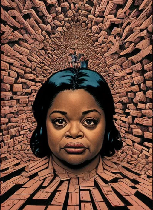 Image similar to poster artwork by Michael Whelan and James Jean, of Octavia Spencer has a voice in her head, reality is a labyrinth, psychological thriller from scene from Twin Peaks, clean, simple illustration, nostalgic, domestic, full of details