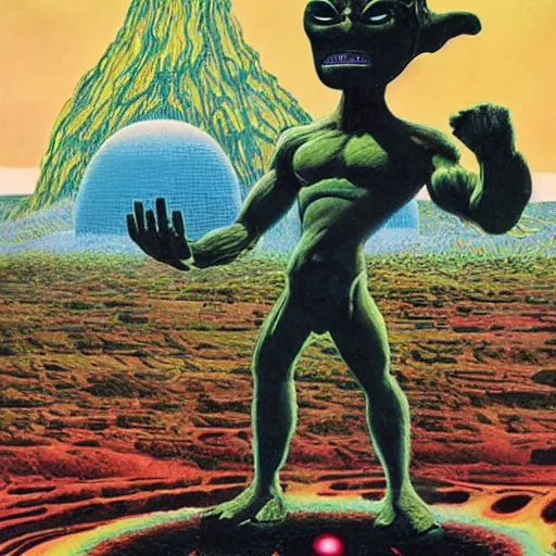 Image similar to an alien meditating in front of a giant black power fist in the center, worshipped by aliens dancing in lava fields by victor moscoso and john berkey