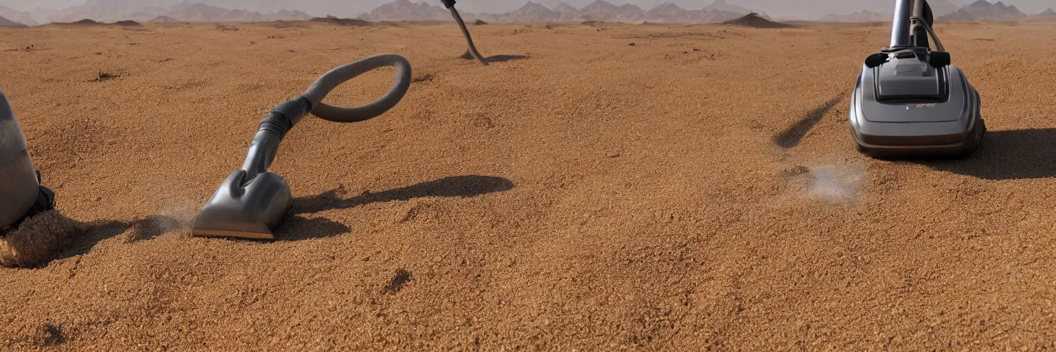 Image similar to big dinosaur vacuuming sand in a desert, 4k,