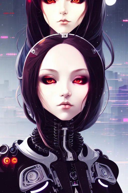 Image similar to portrait of beautiful young gothic cyborg anime maiden, cute-fine-face, pretty face, realistic shaded Perfect face, fine details. Anime, cyberpunk, Warhammer, highly detailed, artstation, illustration, art by Ilya Kuvshinov and Gustav Klimt