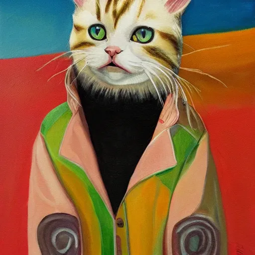 Image similar to cat with a stylish jacket, painting