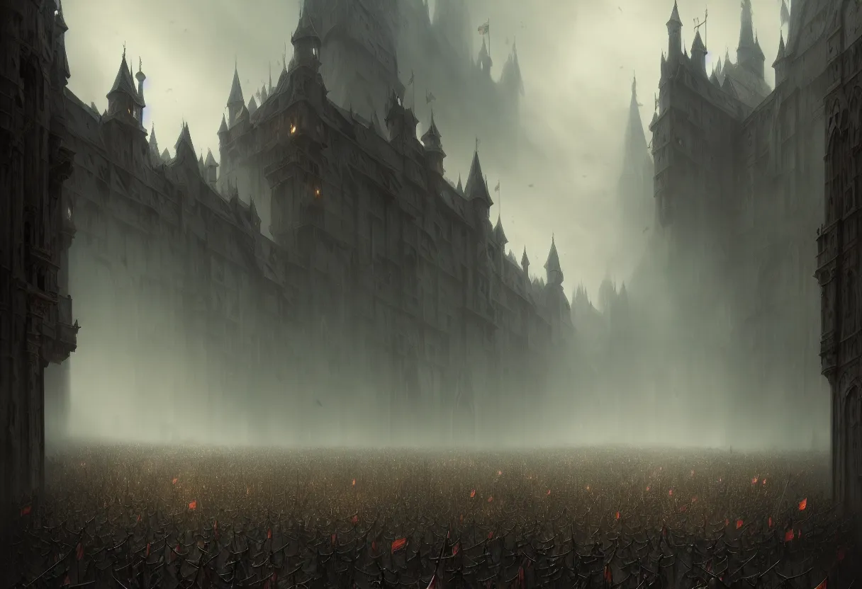 Image similar to beautiful render of a fairytale, tired medieval army marching, ultra high definition, ultra detailed, symmetry, fog, matte painting, by greg rutkowski and ross tran and wlop