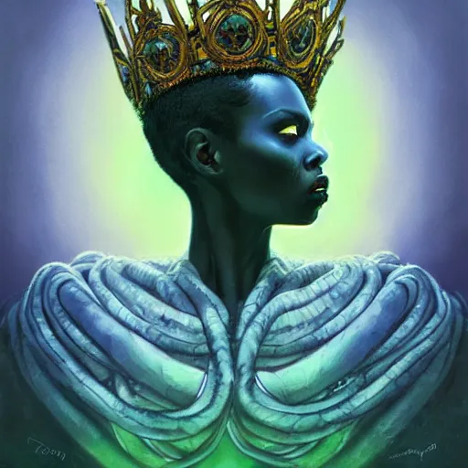 Image similar to portrait of a necromancer queen with a crown of snakes, dark skin, looking up, kneeling, despair, dramatic lighting, blue and green, by Anato Finnstark, Tom Bagshaw, Brom