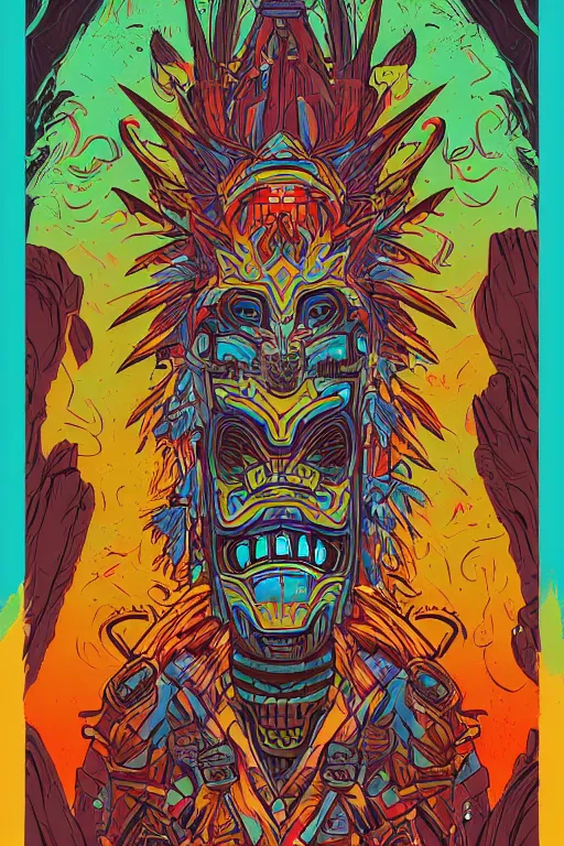 Image similar to totem animal mask tribal feather gemstone plant wood rock shaman vodoo video game vector illustration vivid multicolor borderlands comics by josan gonzales and dan mumford radiating a glowing aura