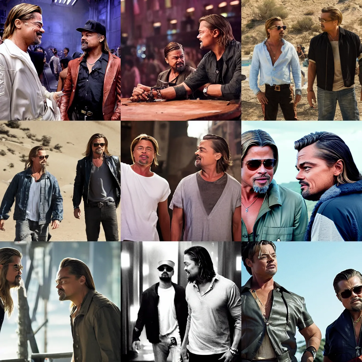 Prompt: rrr starring brad pitt and leonardo dicaprio production still