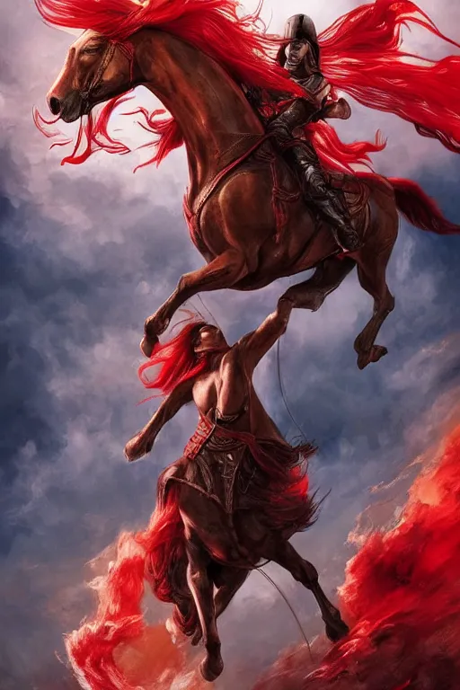 Image similar to the first singular horseman of the apocalypse riding a red stallion, horse is up on it's hindlegs, the rider looks carries a large sword, flames, artwork by artgerm and rutkowski, breathtaking, dramatic
