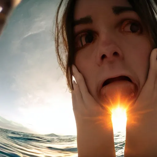 Image similar to Selfie!!!!! of a scared!!!!! woman, in the middle of the ocean!!!!!, first-person view, fisheye!!!!! lens!!!!!, photorealistic image, trending on artstation, 4k, 8k