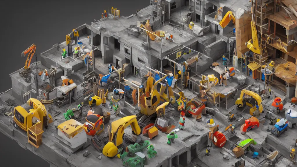 Image similar to construction site made out of toys, pipes, concept art, 3d render, low angle photo