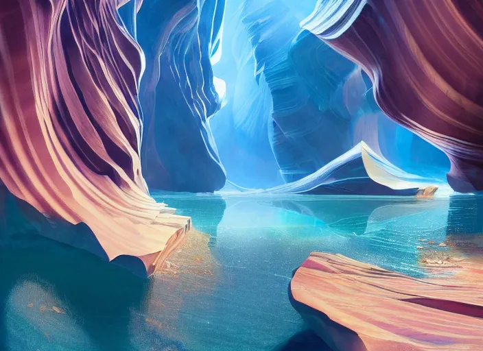 Image similar to Antelope Canyon luxurious city on the Sea Of Stars of Vaadhoo Island Maldives, Bioluminescent sea plankton that shines royal gold during the night makes the sea area, glowing water, intricate, elegant, luxurious, digital painting, concept art, smooth, sharp focus, from Star Trek 2021, illustration, by WLOP and Ruan Jia and Mandy Jurgens and William-Adolphe Bouguereau, Artgerm