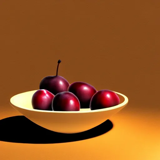 Image similar to concept art of a single bowl filled with a few moist freshly picked plums on a wooden table. digital painting, illustration, volumetric lighting, highly detailed, small scale, artistic, trending on artstation.