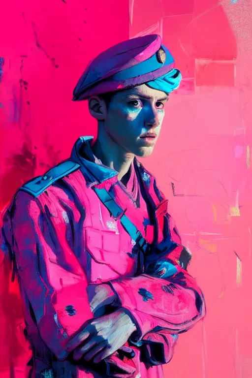 Prompt: portrait of a young soldier boy nor living in a death postapoliptic world, painted in acrylic, in the colors hot pink and cyan, beautiful face, rule of thirds, complex outfit, spotlight, by greg rutkowski, by jeremy mann, by francoise nielly, by van gogh, digital painting