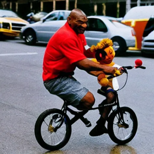 Image similar to mike tyson riding a tiny clown bike