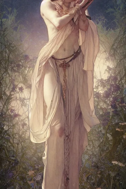 Image similar to a full body portrait of a beautiful ethereal delicate botanist mage queen meditative sacral pose catholic stages of the cross, intricate, elegant, highly detailed, digital painting, artstation, concept art, smooth, sharp focus, illustration, art by krenz cushart and artem demura and alphonse mucha